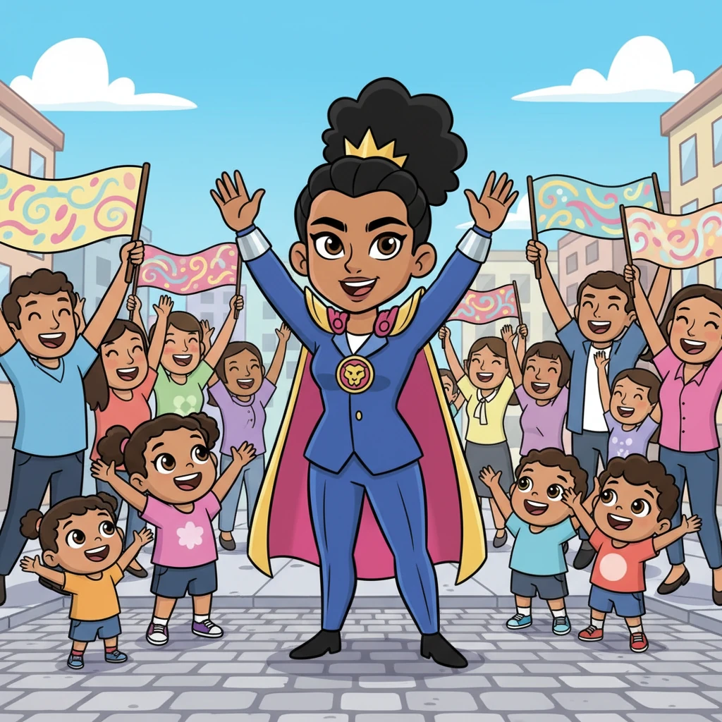 Back at the city, Lyra and her team are greeted by cheering crowds of happy citizens, holding up colorful banners. Little children look up at Lyra with wide, admiring eyes, seeing a true hero. Her leadership has once again ensured peace and joy for everyone.