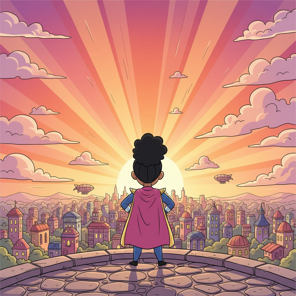 Lyra stands atop a grand overlook, gazing at the sprawling, vibrant city she protects, stretching out towards a brilliant sunset. Her silhouette is strong and iconic, embodying hope and endless possibilities. She is ready for whatever new adventures tomorrow brings, a true commander of her destiny.