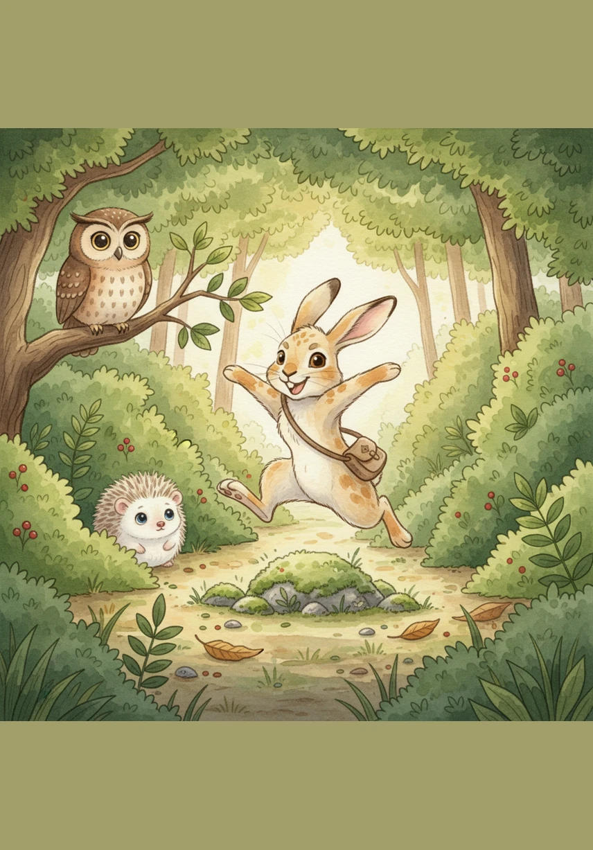 Зайчонок весело прыгал через кочки и пробирался сквозь густые кусты, любуясь красотой лесного мира. Его длинные ушки чутко прислушивались к каждому шороху листвы и пению птиц.