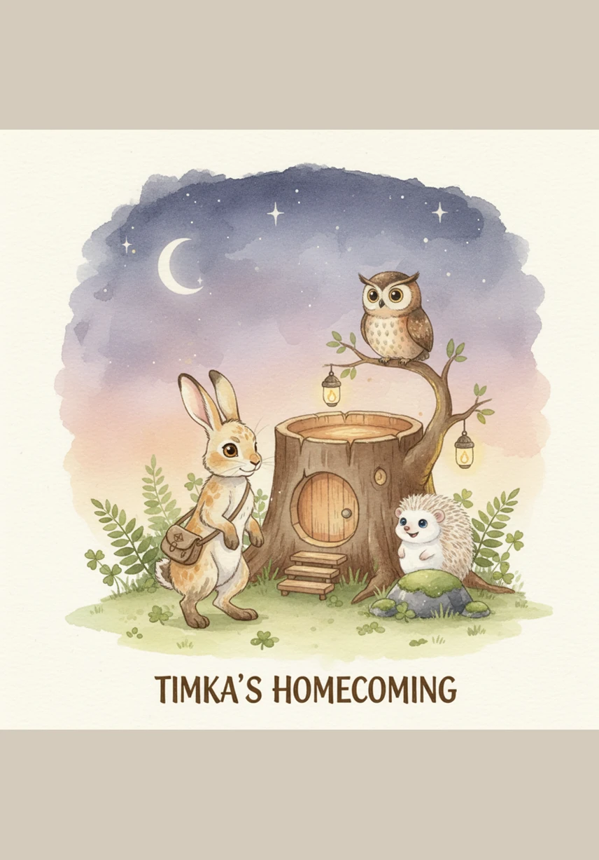 К вечеру, когда небо окрасилось в нежные розовые и золотистые тона, зайчонок вернулся к родному дому. Мама ждала его на пороге, и Тимка с радостью обнял её, делясь своим открытием.