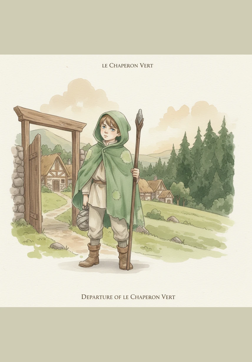 Leo stands at the edge of his village wearing his signature green cloak, a sturdy garment passed down from his grandfather. The morning sun catches the worn texture of the fabric as he prepares for a journey through the woods, feeling the weight of the stories woven into the cloth.