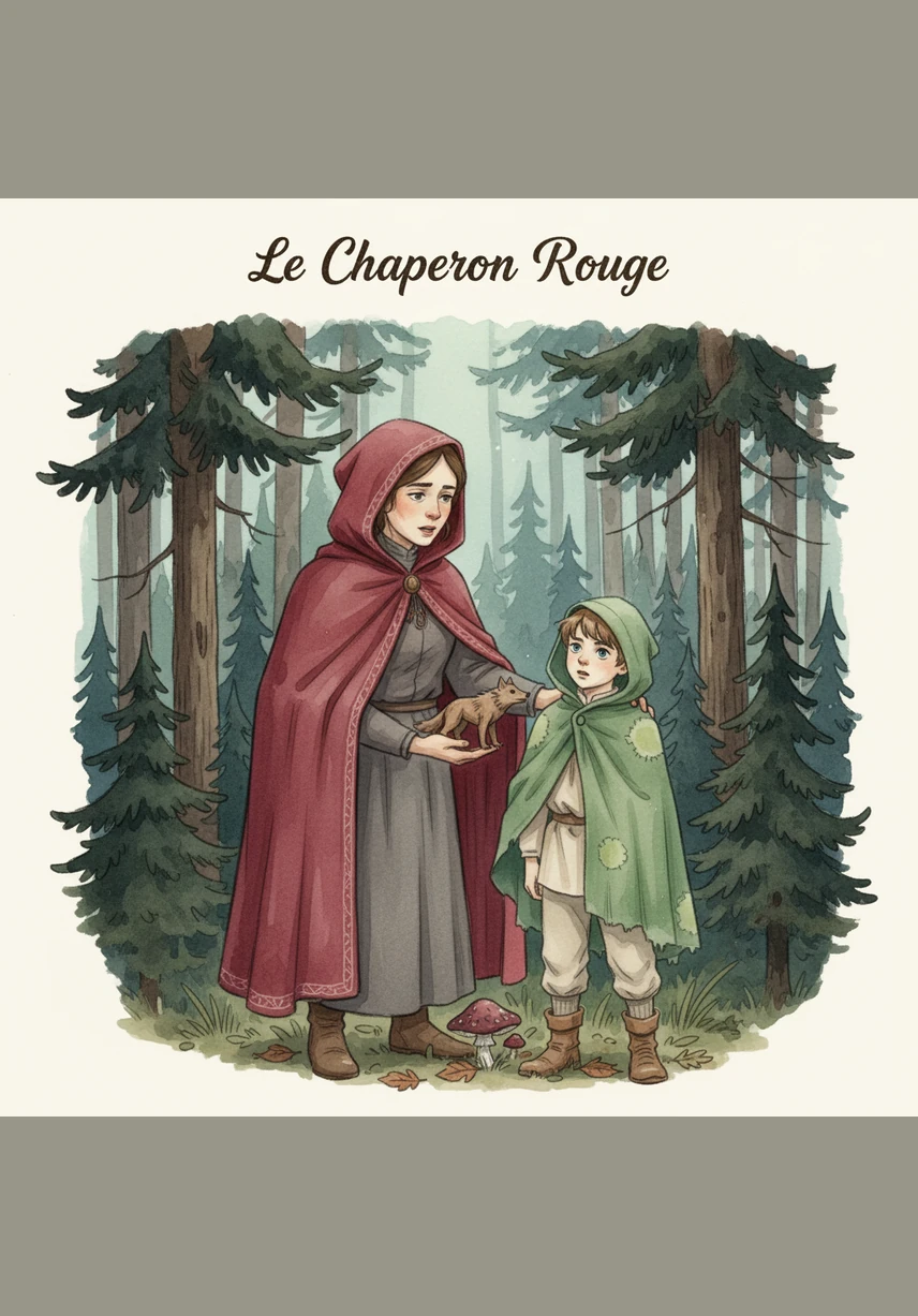 His mother hands him a wicker basket filled with fresh bread and fruit, her expression serious as she gives him her final instructions. She tells him to stay on the path and keep his eyes wide open, reminding him that the forest is a living thing that requires respect and attention.