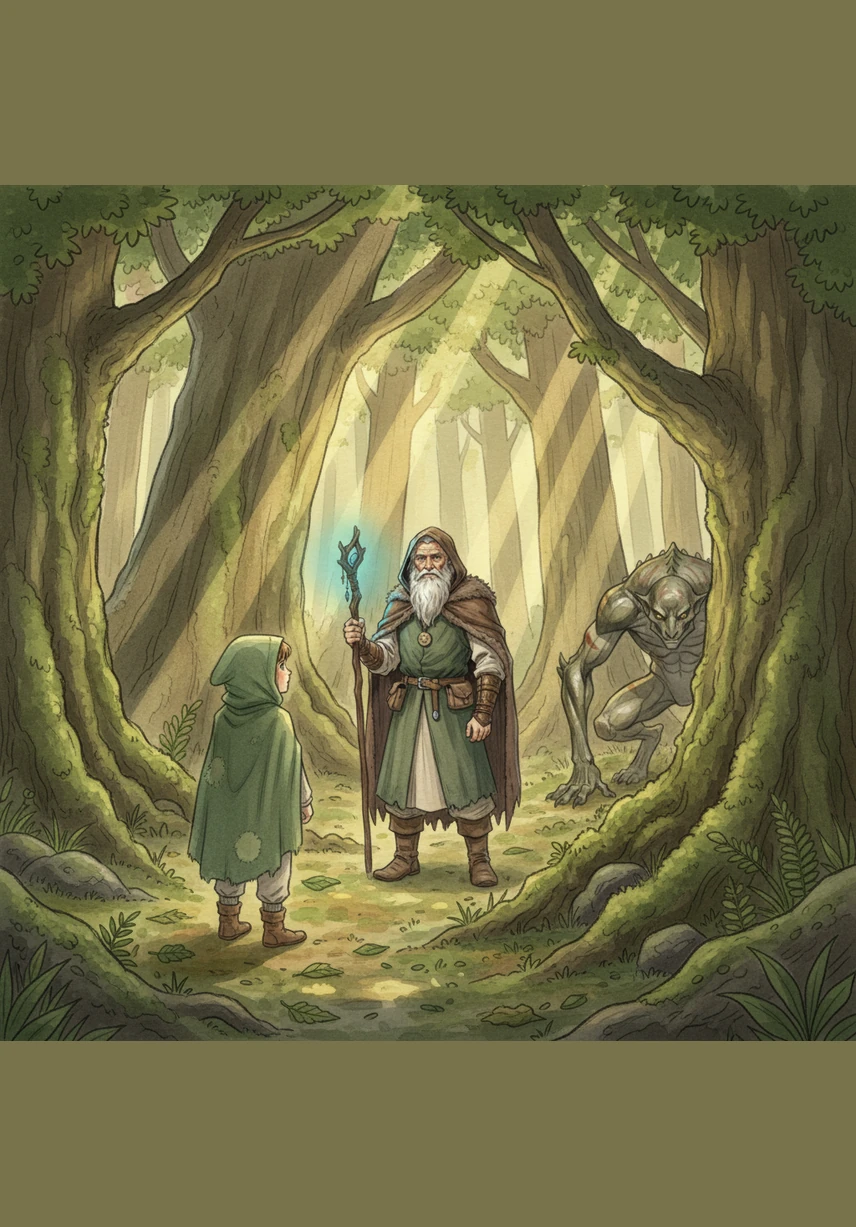 Deep inside the forest, the sunlight filters through the thick canopy in narrow golden beams, creating dancing patterns on the mossy ground. Leo walks carefully, pausing frequently to listen to the rustle of leaves and the distant call of a bird, sensing the quiet life surrounding him.