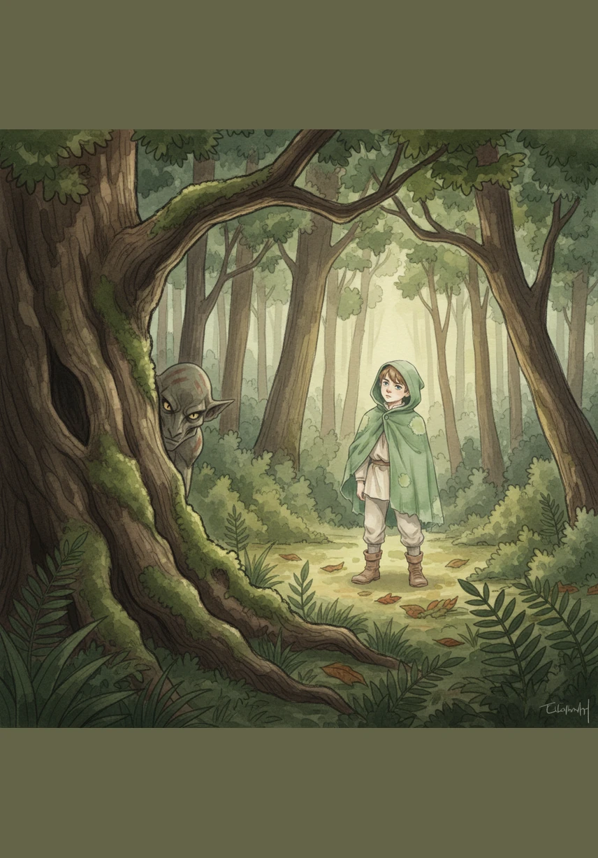 From behind the gnarled trunk of an ancient oak tree, a pair of sharp, cunning eyes watches Leo's every step. A shadowy creature stays perfectly still, observing how the boy walks, where he hesitates, and how he stops to listen to the secrets of the woods.