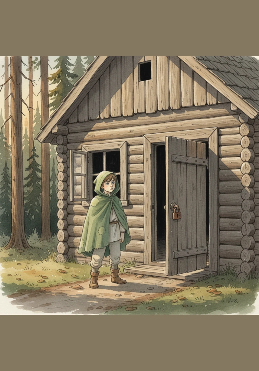 Leo finally reaches his grandfather's small wooden cabin at the edge of the forest, but he stops abruptly when he notices the heavy door is standing slightly ajar. He knows his grandfather always keeps the door locked tight, and a sudden sense of unease washes over him.