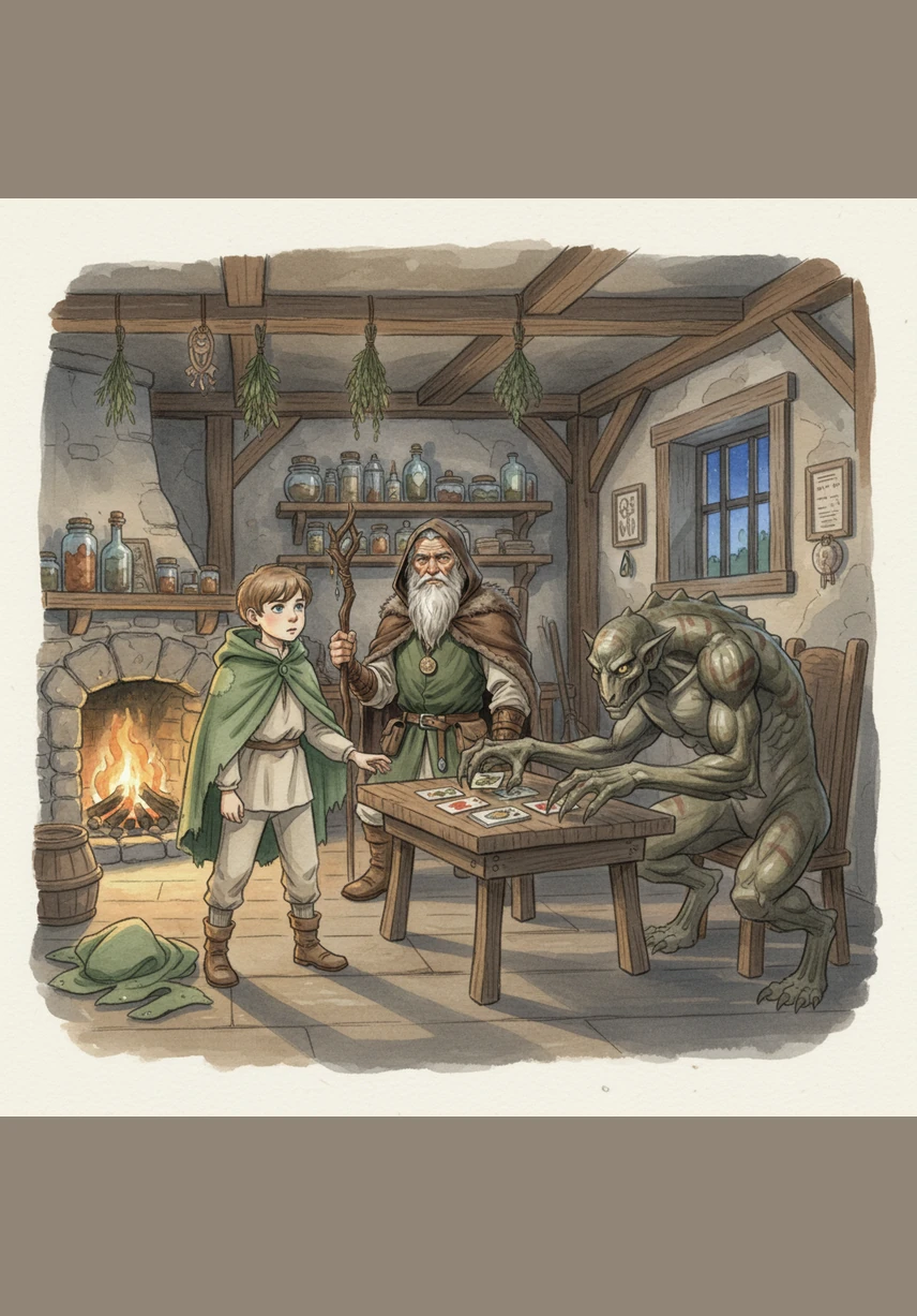 Inside the cottage, the air is thick with shadows and an unusual silence that feels heavy and cold. Leo calls out softly for his grandfather, and a strange, gravelly voice answers from the darkness of the bed, beckoning him to come closer into the gloom.