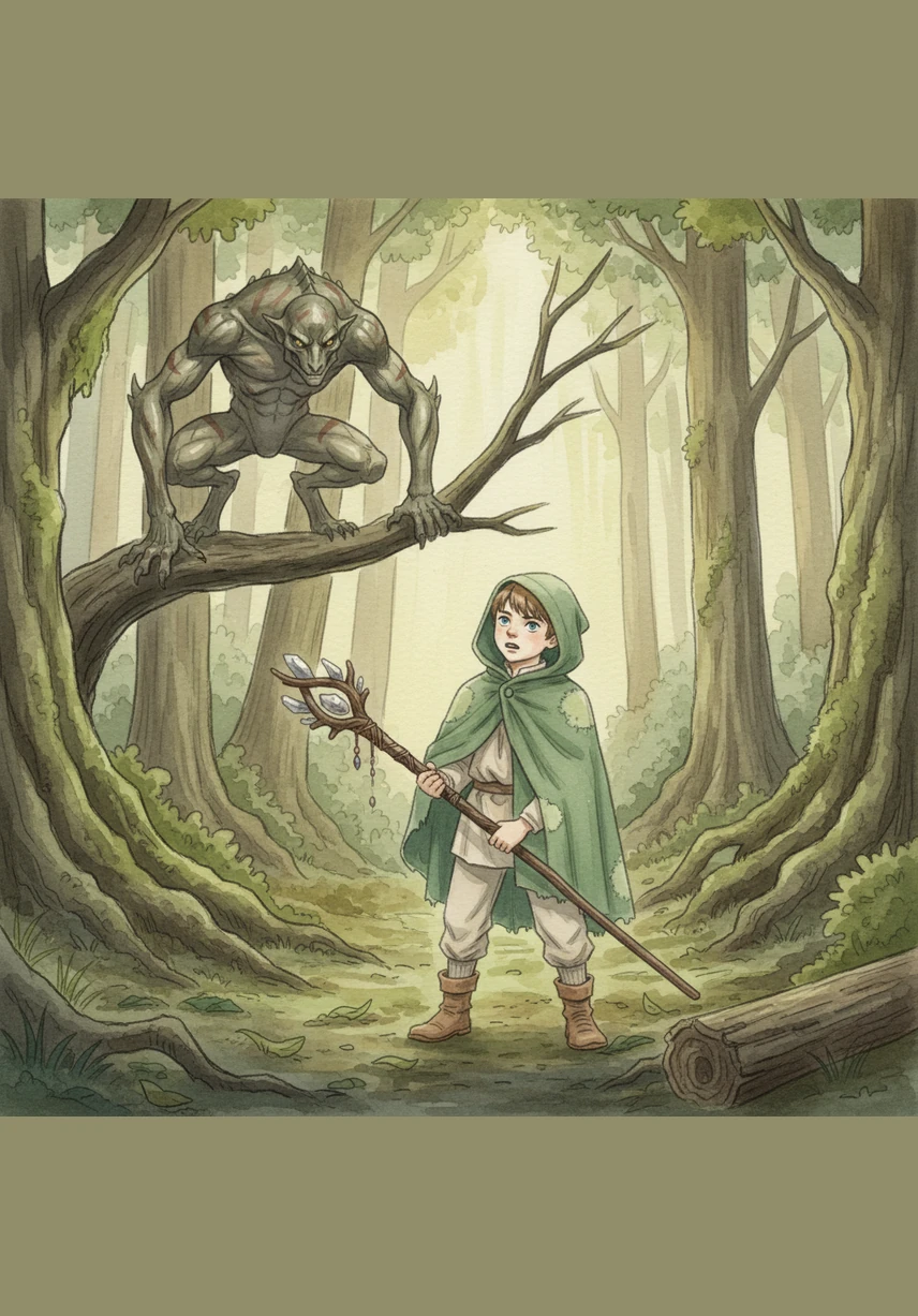 As Leo slowly approaches the bed, he notices the fireplace is cold and the ashes are gray, which is very unusual for his grandfather who never lets the fire die. He catches a faint, wild scent in the air that smells of wet fur and the deep, dark earth of the forest.