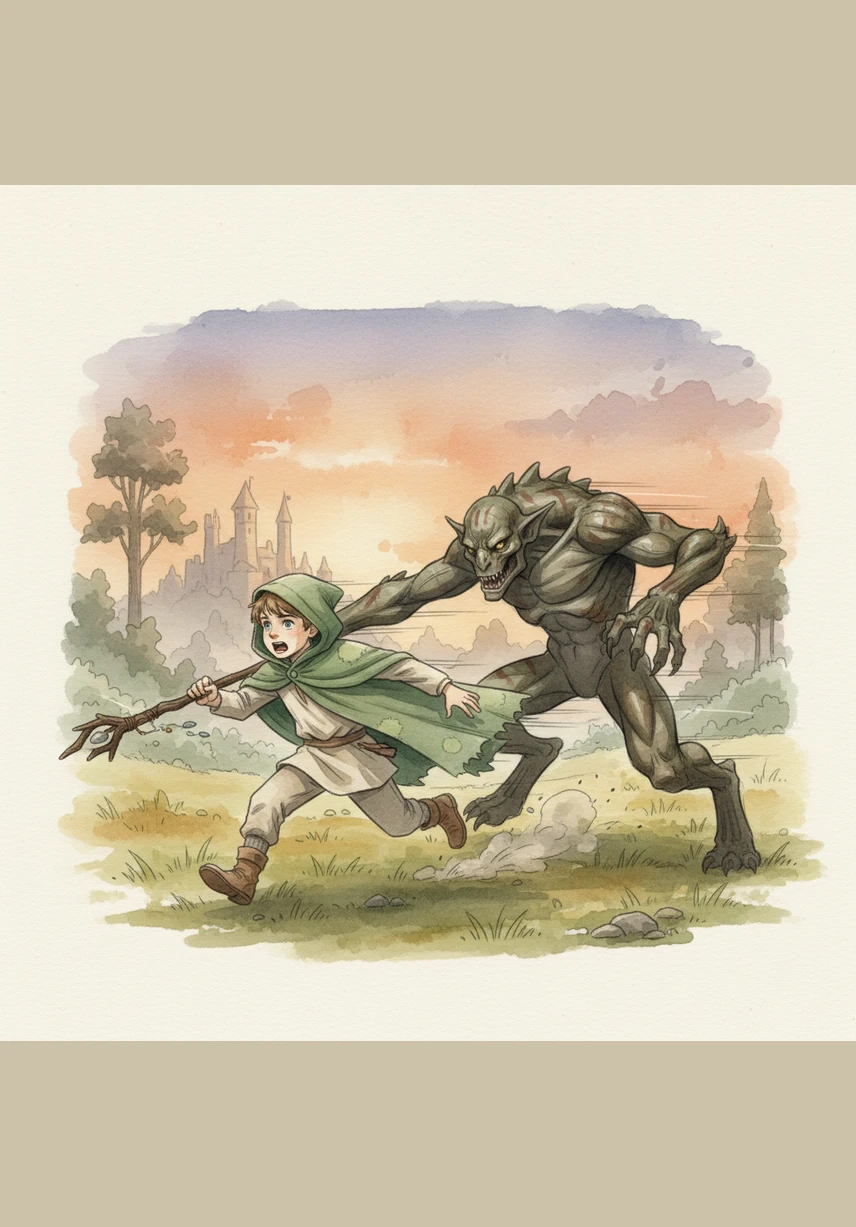 Leo turns and bolts through the open door, shouting at the top of his lungs for the woodcutters working in the clearing nearby. Behind him, the creature leaps from the bed with a snarl, but the brave woodcutters are already rushing toward the cottage with their axes raised.