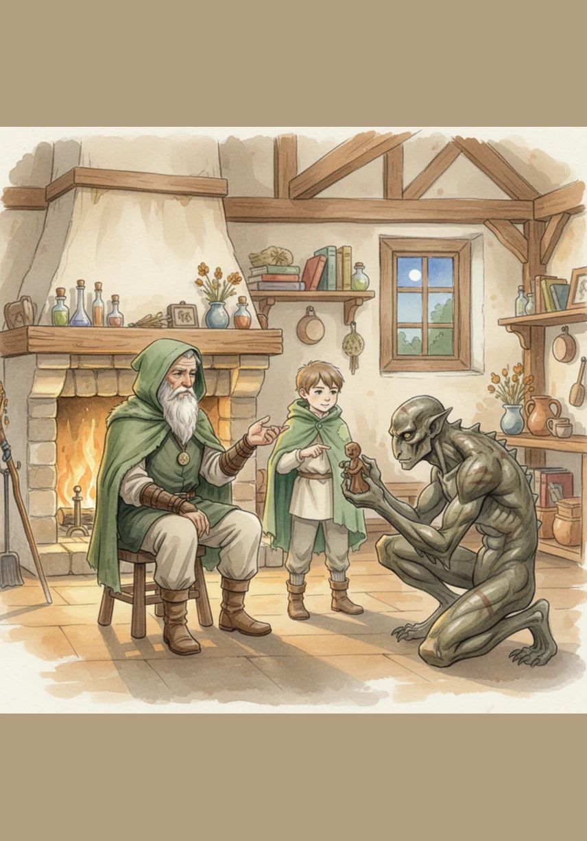 After the creature is driven away, the woodcutters find the grandfather safe but locked in the cellar, and the house is soon filled with warmth and light once again. Leo sits quietly by the fire, knowing that it wasn't just his cloak that kept him safe, but his ability to see what others might have ignored.
