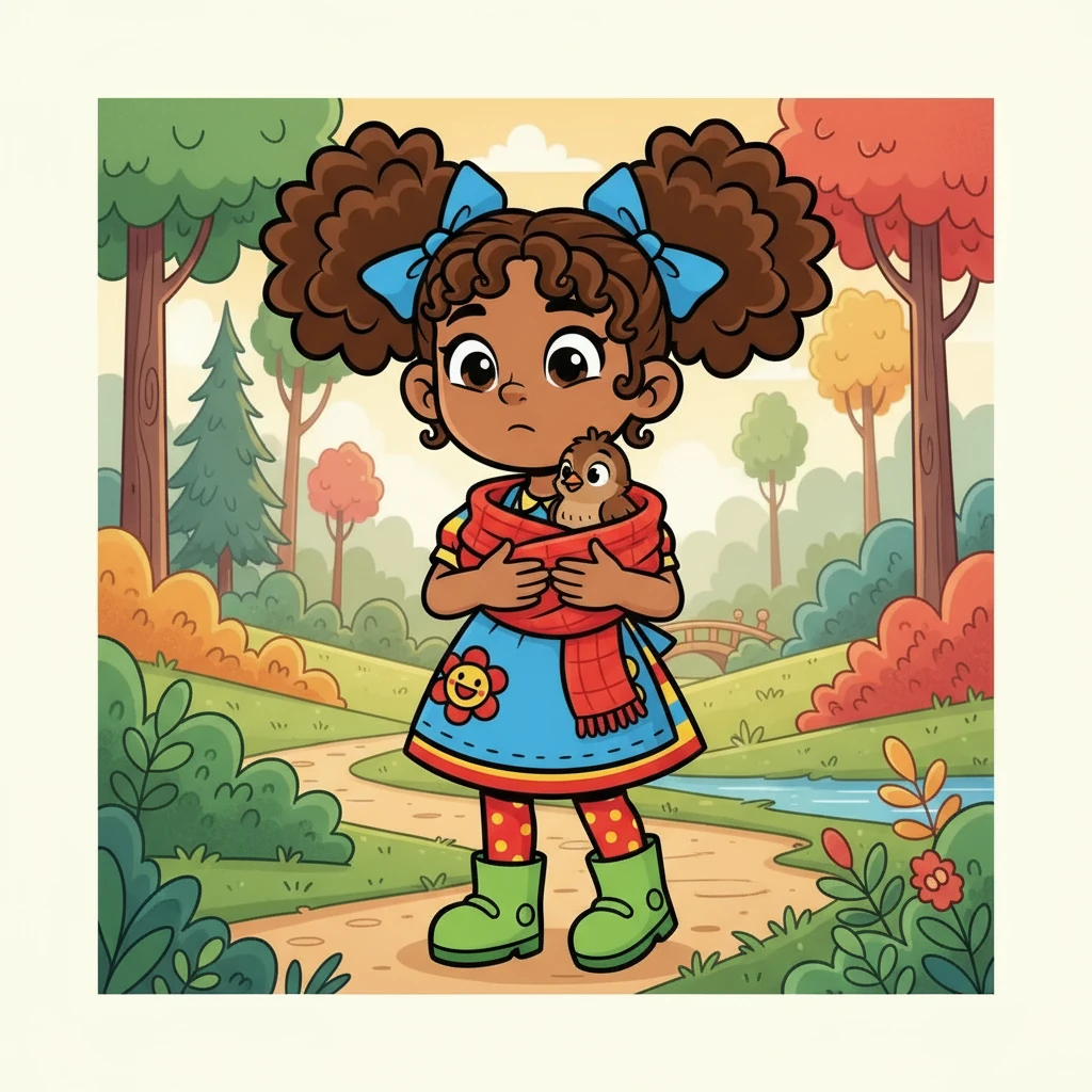 Lia gently took off her red scarf.  She carefully wrapped the little bird in it, making a warm, cozy nest.  Walking back home, she thought about how to help. She knew she had to do something.