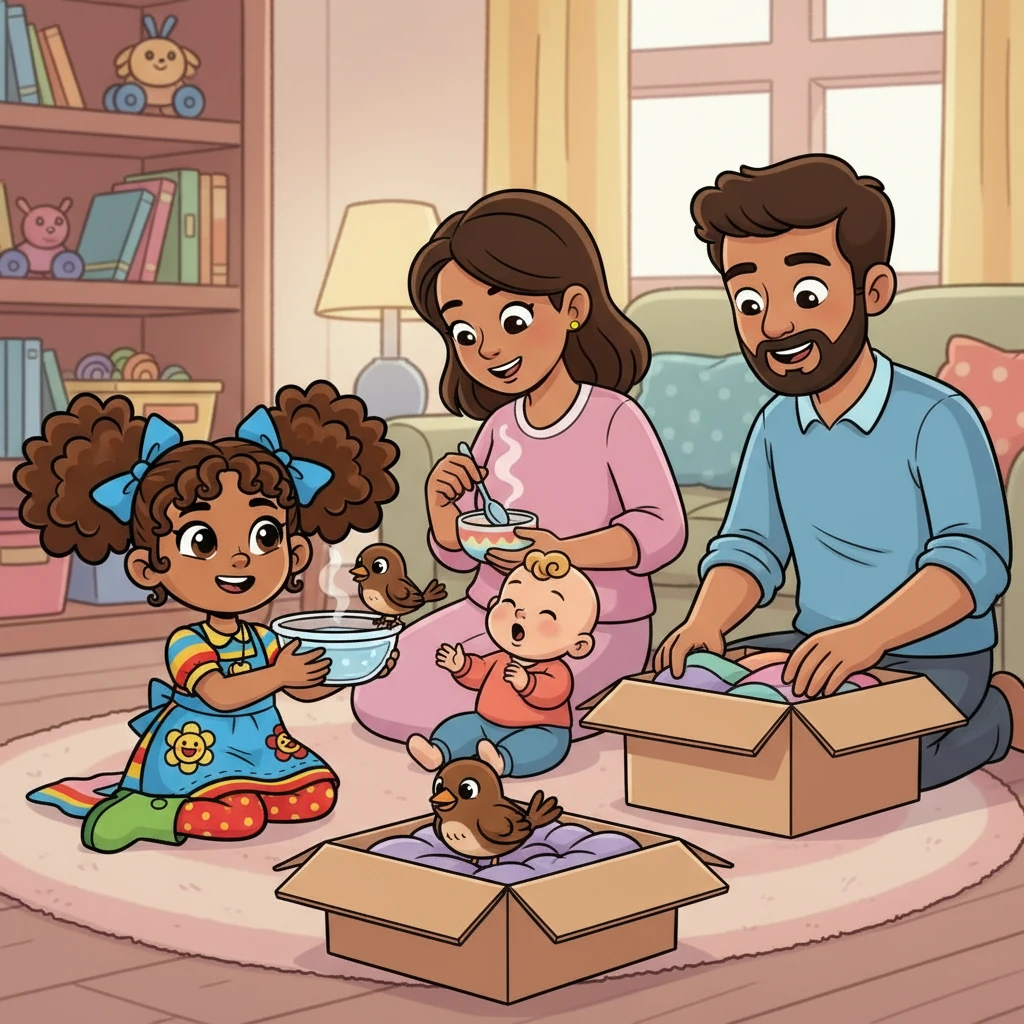 Mama warmed a small bowl for the bird, and Papa prepared a soft box. Lia carefully held water for the bird to drink. Baby Ben hummed a little song.  The bird rested peacefully, safe and warm.