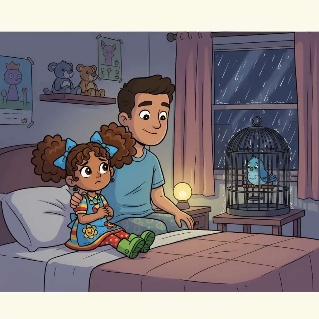 As night fell, and raindrops tapped on the roof, Lia worried.  “What if the bird is still sad?” she wondered.  Papa reminded her they had given care, time, and love.  Lia took a deep breath, hoping for the best.