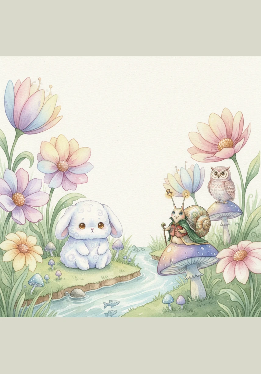 Pufek dotarł do Ogrodu Wielkich Kwiatów, gdzie płatki mieniły się tysiącem barw, ale niebo nad nimi wciąż pozostawało blade i puste. Nawet w czystej wodzie strumyka pływały tylko małe rybki, a ukochanego błękitu nigdzie nie było widać.