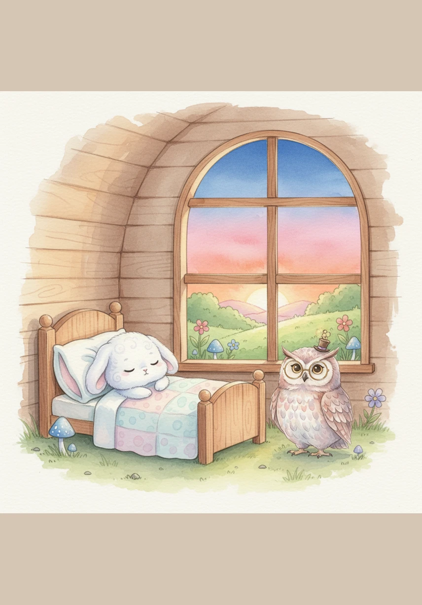 Silny wiatr rozwiał resztę chmur, odsłaniając przepiękne, intensywnie niebieskie niebo nad całą krainą. Wieczorem, gdy niebo przybrało barwy różu i pomarańczu, szczęśliwy Pufek zasnął smacznie w swoim miękkim łóżeczku, wiedząc, że radość przywraca kolory światu.