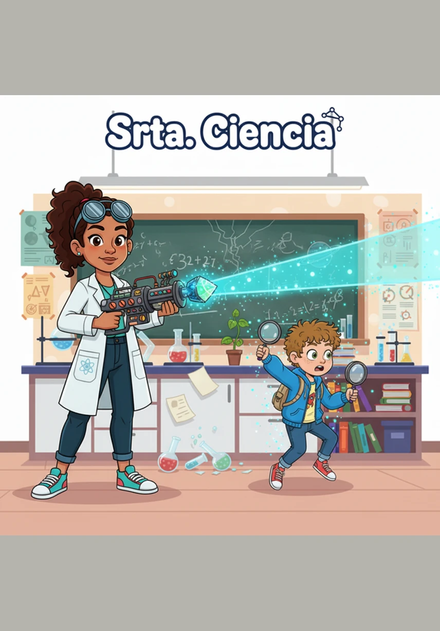 De repente, Kaimaell y Solangelys sintieron un cosquilleo cuando la Srta. Ciencia activó su 'Encogedor Atómico' para que todos pudieran viajar dentro de la materia. Angelys y Zacharías se miraron asombrados al ver cómo el aula desaparecía y se convertían en exploradores microscópicos en un universo brillante.
