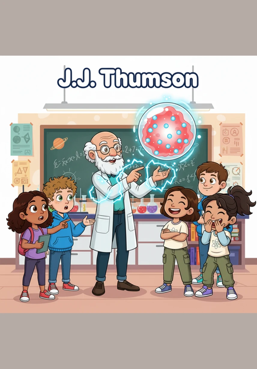 El viaje se volvió electrizante cuando J.J. Thomson mostró a Dairelys y Juan que los átomos tenían pequeñas cargas negativas llamadas electrones. Mila y Andrea rieron al ver el modelo del 'budín de pasas', donde los electrones eran como chispas de chocolate dentro de una masa de carga positiva.