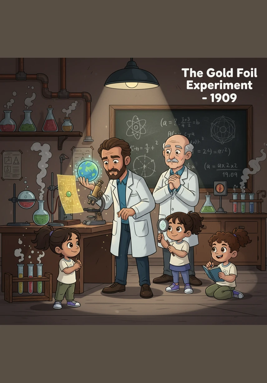 Abner y Josdiel se sorprendieron cuando Ernest Rutherford disparó partículas contra una lámina de oro, descubriendo que el átomo estaba casi vacío. Aprendieron que en el centro hay un núcleo diminuto y denso, como una hormiga en medio de un estadio de fútbol gigante.