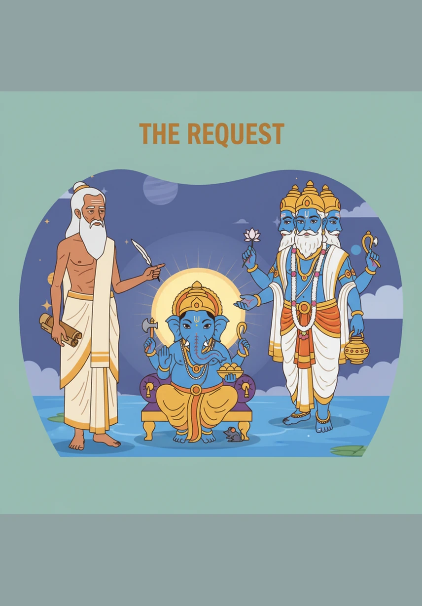 Sage Vyasa sits beneath a sprawling, ancient Banyan tree, his mind swirling with the complex tales of kings and celestial battles. He realizes the Mahabharata is too vast for him to write alone and prays for a scribe who can match the speed of his lightning-fast thoughts.