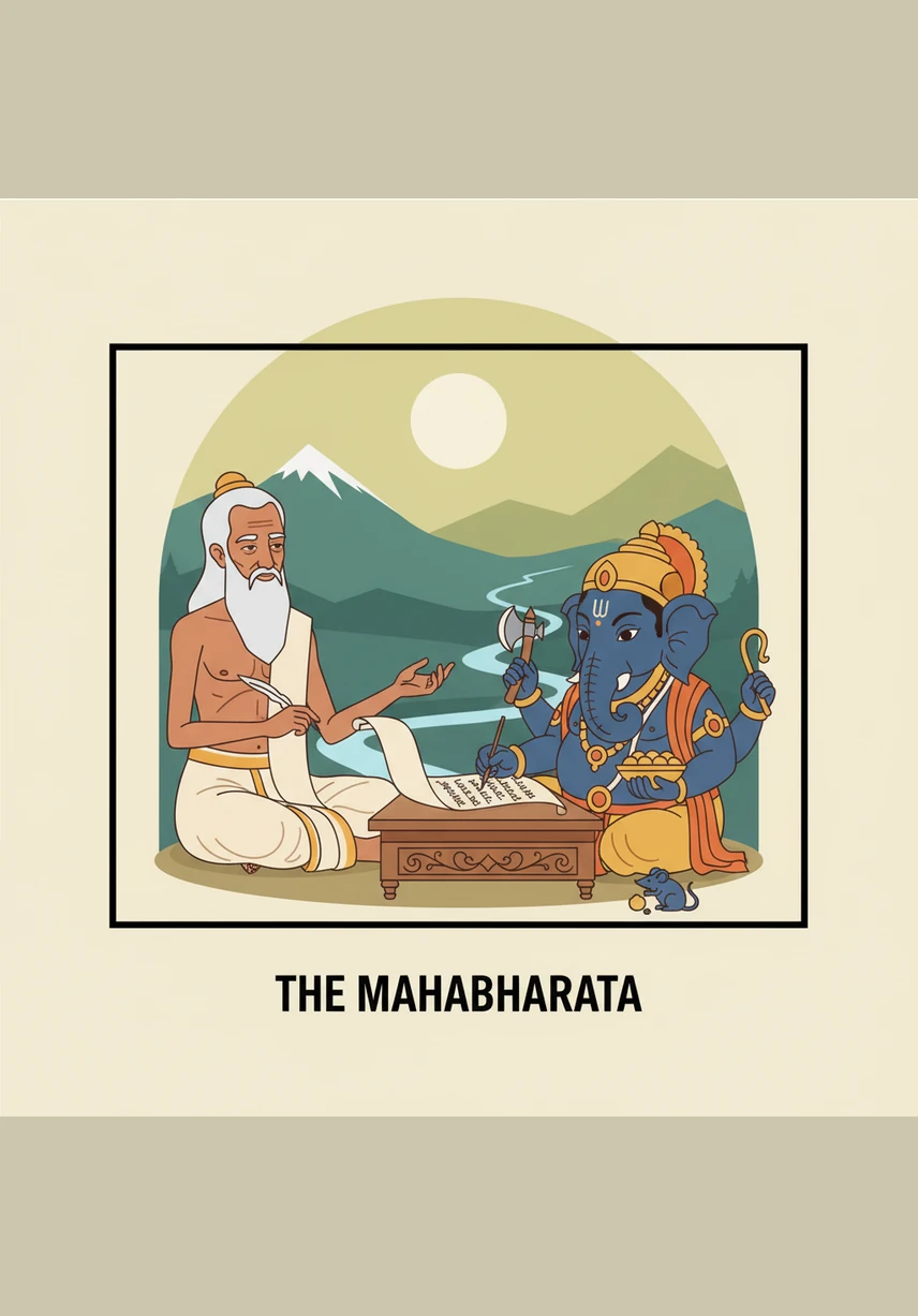 In a radiant burst of golden light, Lord Brahma appears to the troubled sage with a divine suggestion for his dilemma. He tells Vyasa to seek out Ganesha, the elephant-headed Lord of Wisdom, whose intellect and focus are the only forces capable of capturing such a grand vision.