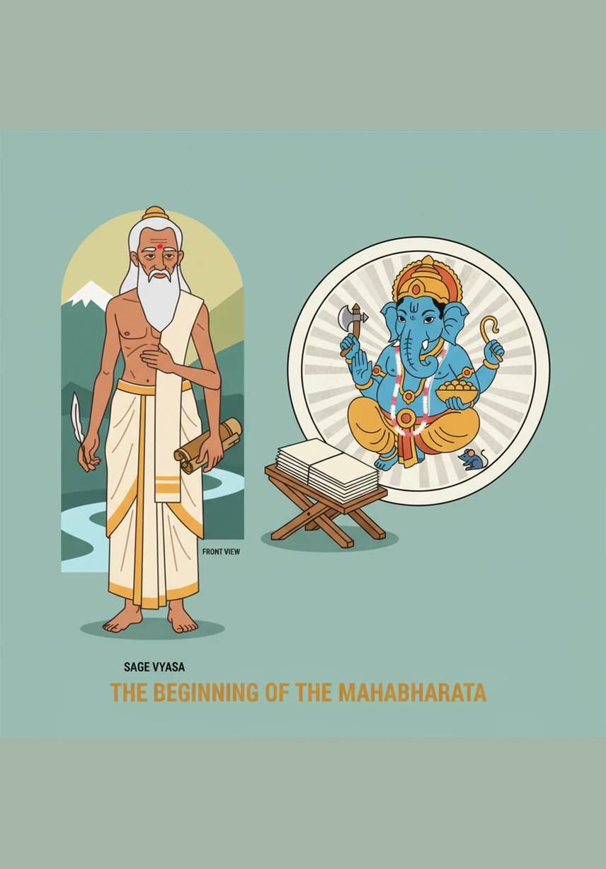 Vyasa meets the clever Ganesha, who agrees to help but sets a daring and difficult challenge for the old sage. Ganesha insists that Vyasa must dictate the entire story without a single pause, or he will put down his pen and leave the work unfinished forever.