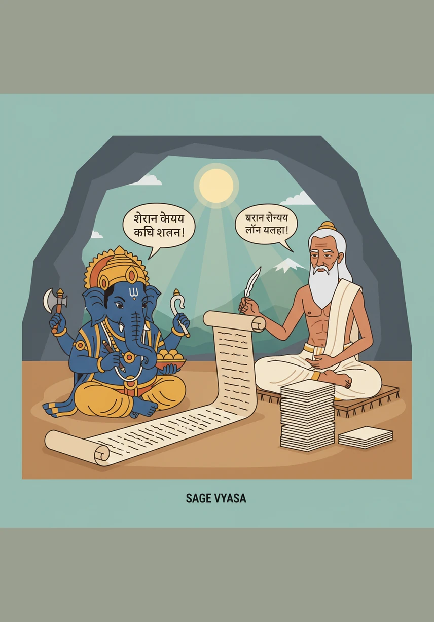 The marathon of creation begins as Vyasa chants rapidly and Ganesha’s hands become a blur over stacks of birch-bark scrolls. They work in perfect harmony for days and nights, building a mountain of sacred text that grows higher than the scribe himself.