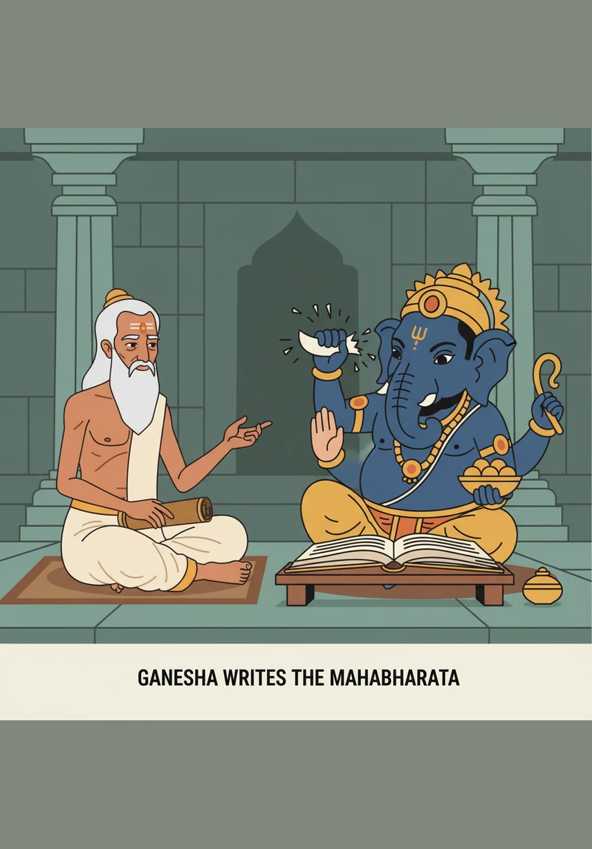 Showing incredible resolve, Ganesha reaches up and heroically breaks off his own ivory tusk to serve as a new, unbreakable pen. He proves through this bold act that the preservation of knowledge is far more important than his own physical appearance or comfort.