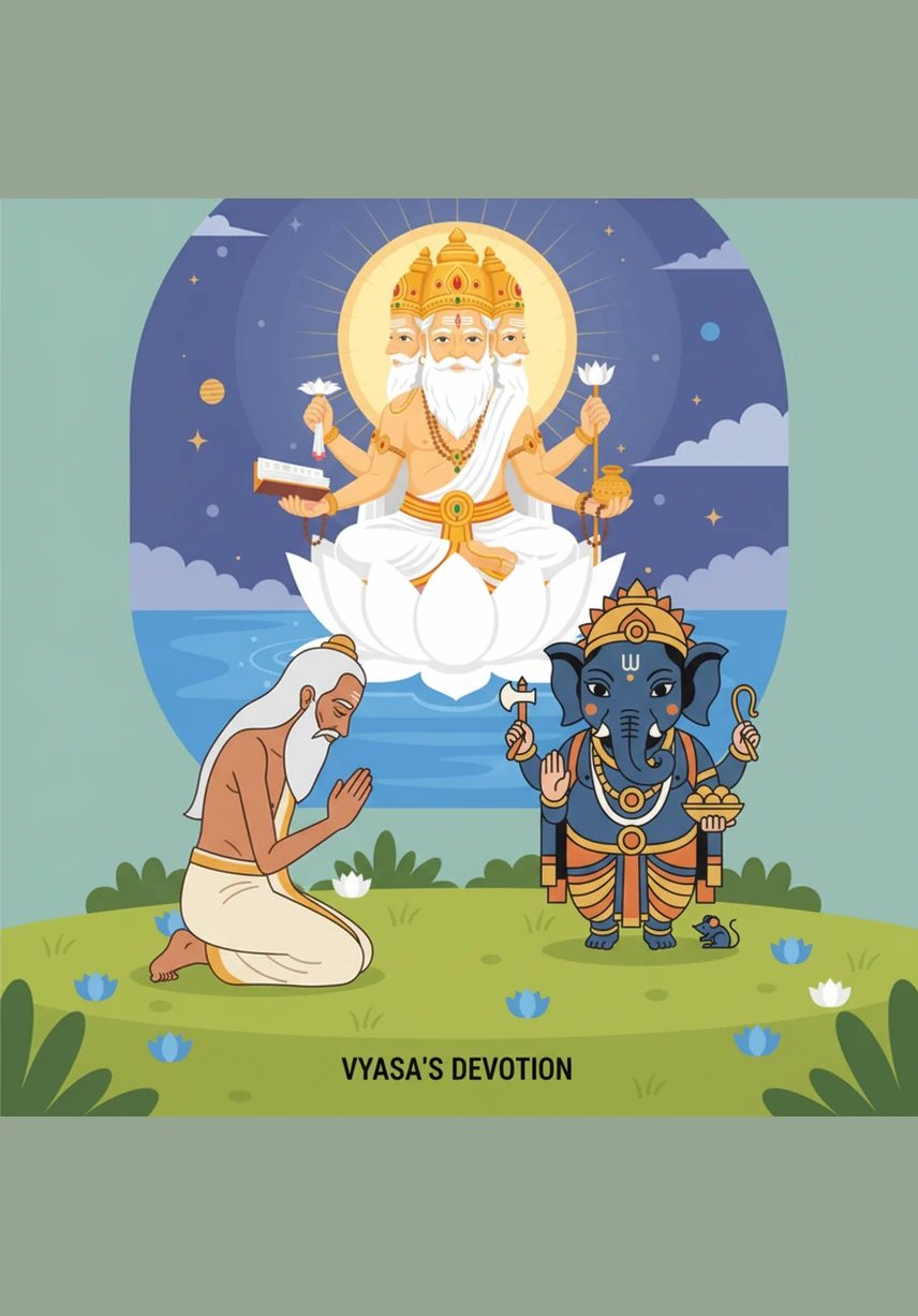With his glowing ivory tusk dipped in ink, Ganesha continues to write with even greater fervor and divine power. Vyasa watches with tears of deep respect in his eyes, moved by the deity's selfless devotion to the sacred task of completing the story.