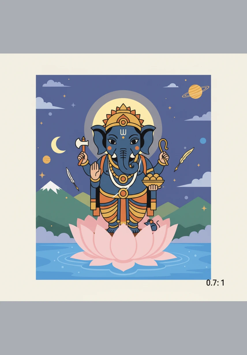 Ganesha stands proudly as the Single-Tusked One, a magnificent symbol of perseverance and the pursuit of wisdom. Blessed by the heavens, he remains the beloved patron of all who seek to overcome obstacles and share their own stories with the world.