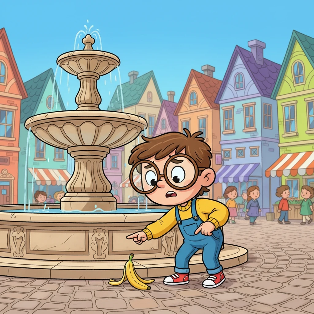 In the cheerful town of Brightville lived Pip Sparkle, a little person with a big heart and even bigger glasses. Brightville was mostly sunny and happy, with colorful houses and bustling markets, but sometimes, Pip noticed little things that weren't quite right, like a forgotten banana peel near the fountain.