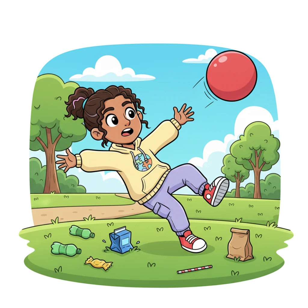 One sunny afternoon, Pip was excitedly skipping through Sunny Park, ready to play. Suddenly, a discarded juice box made Pip stumble, sending their bright red ball bouncing far away. Pip looked around and saw other bits of litter scattered across the otherwise beautiful grass.