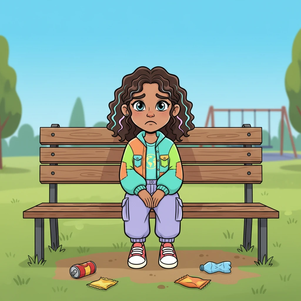 Pip sat on a park bench, observing the scattered wrappers and empty bottles. A tiny frown creased their expressive face. "This isn't very sparkly," Pip thought, feeling a little sad that the lovely park wasn't as clean as it could be for everyone to enjoy.