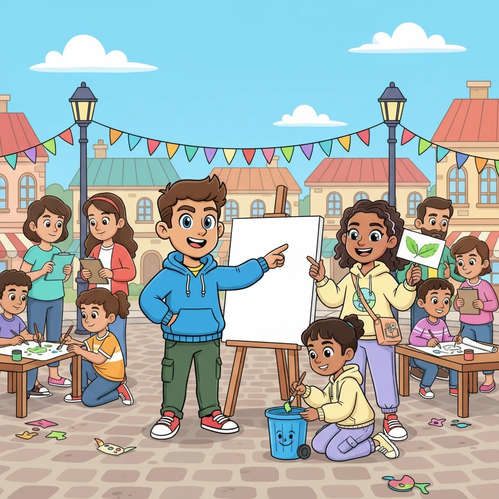 The community gathered in the town square, a colorful mix of adults and children, all eager to help. Everyone shared ideas, from organizing a big clean-up day to painting cheerful signs for trash bins. It was a buzzing hive of creative problem-solving and friendly chatter.