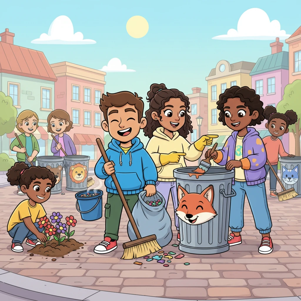 The next Saturday, Brightville buzzed with activity! Pip and their friends, along with many neighbors, worked together with buckets and brooms. They picked up litter, planted vibrant flowers, and even painted the old, plain trash cans with funny animal faces, making tidying up fun.