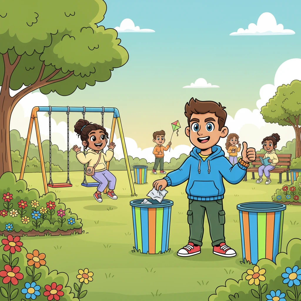By afternoon, Sunny Park sparkled like new! The grass was green, flowers bloomed in every corner, and the new, colorful bins invited everyone to keep the park tidy. Children laughed as they played, and adults relaxed, enjoying the fresh, clean air.