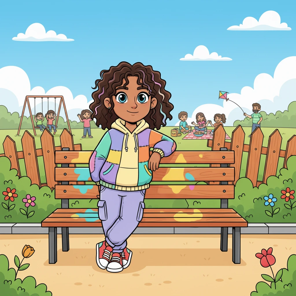 Pip leaned against a newly painted bench, watching everyone enjoy the beautiful park. A small smile played on their lips as they noticed a wobbly fence in the distance. Pip realized that every problem, big or small, could be solved with a little observation and a lot of teamwork.