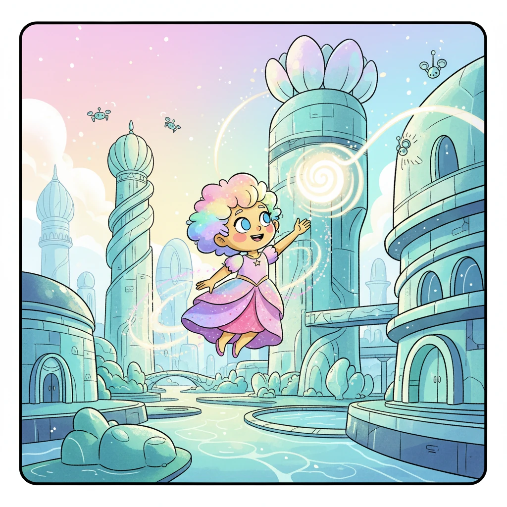 Stardust, a beacon of joy, floated amidst the shimmering, futuristic architecture of Idun. This city of pure light glowed with playful, flowing energy, a perfect utopia where every day was a celebration of bliss.