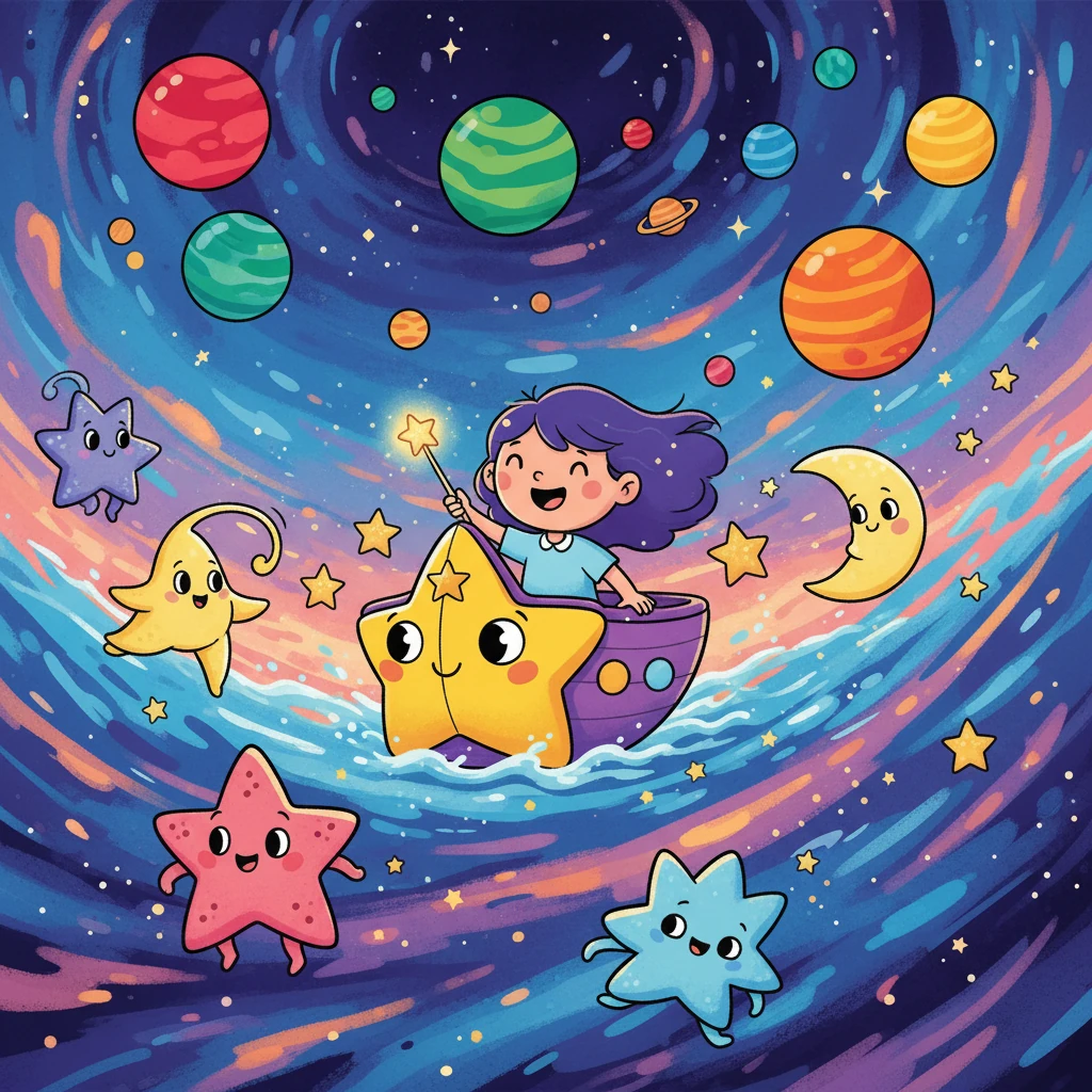 In her whimsical, star-shaped vessel, Stardust sailed through a swirling cosmic ocean. Bright nebulae painted the sky, friendly star-creatures danced around her, and distant planets twinkled like playful marbles.