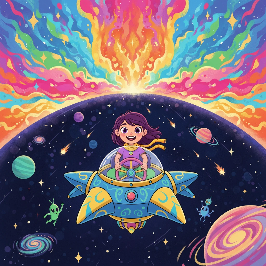 With a confident smile, Stardust piloted her vessel towards a magnificent, multi-colored cosmic horizon. Her journey was just beginning, filled with new adventures and the endless possibilities of the universe.