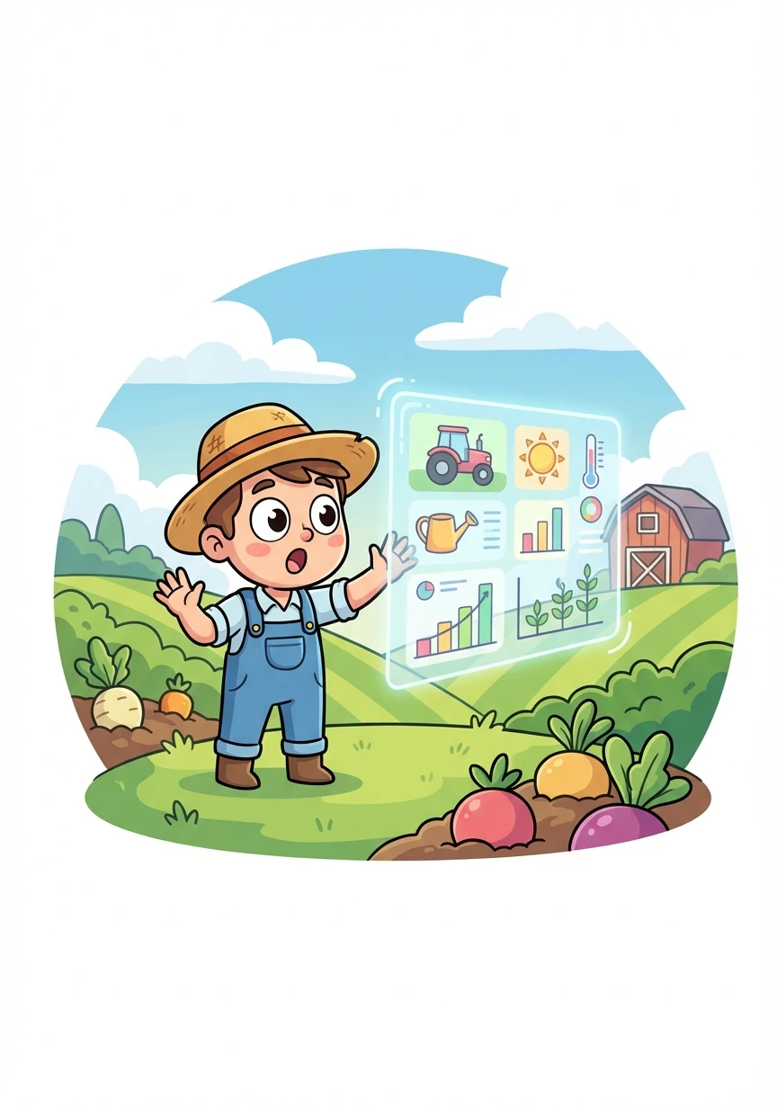 Suddenly, a bright screen popped up! It was a smart agriculture dashboard, ready to guide him.