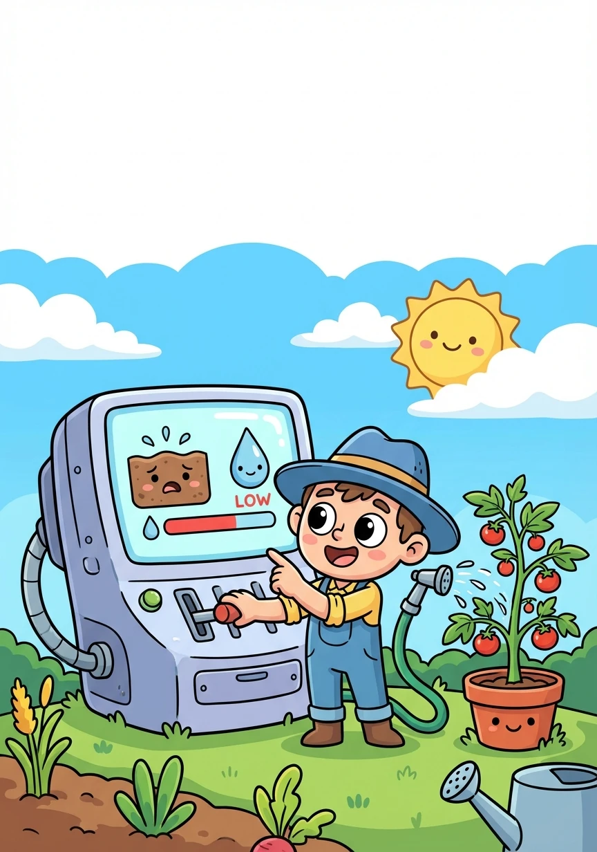 The dashboard showed the soil's moisture level, like a thirsty plant needing a drink. Finn learned exactly when and how much to water.