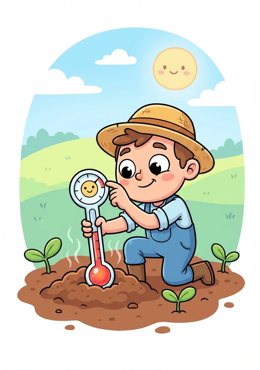 Next, he checked the soil temperature, making sure it was just right for his plants. Too hot or too cold, and they wouldn't grow!