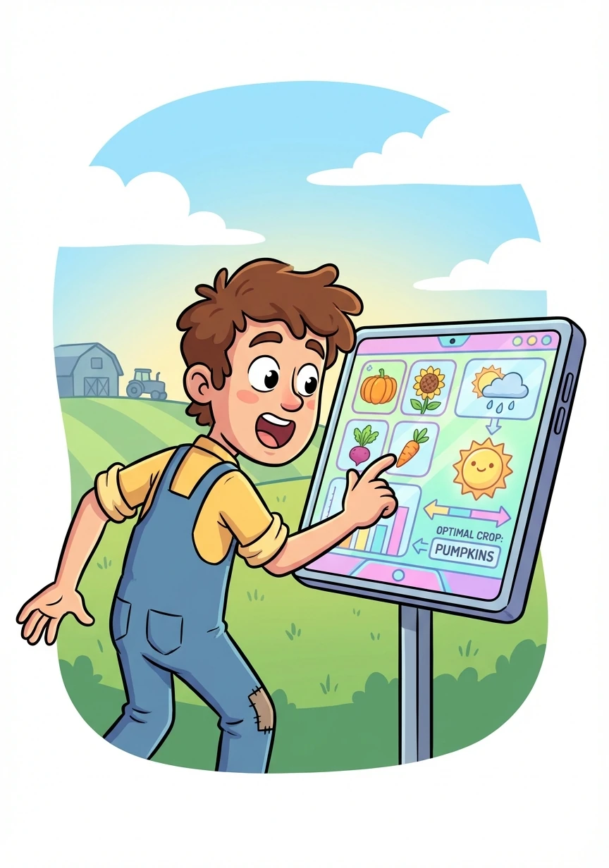 Based on the soil and weather, the dashboard predicted the best crops to plant. Finn was amazed at the possibilities!