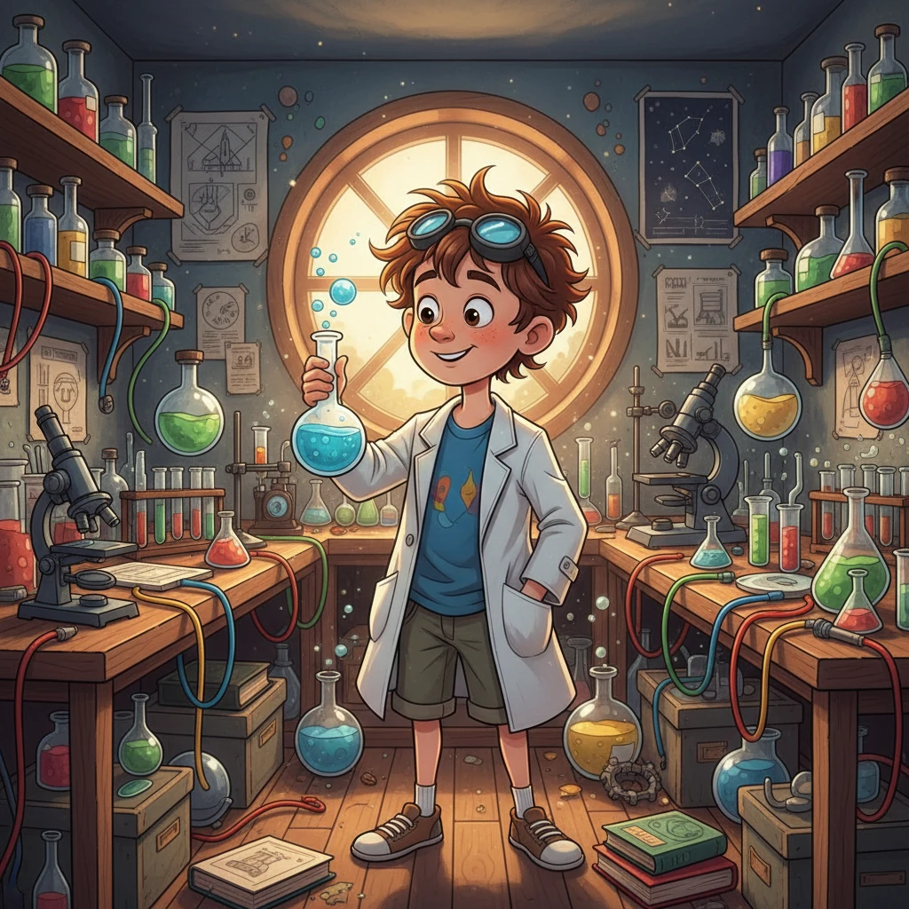 איתמר, ילד סקרן עם שיער שובב, התחיל את היום שלו בחדר העבודה המיוחד שלו. הוא חלם להיות חוקר מדע גדול. המעבדה הקטנה שלו הייתה מלאה בבקבוקי זכוכית, מבחנות ומכשירים מבריקים.