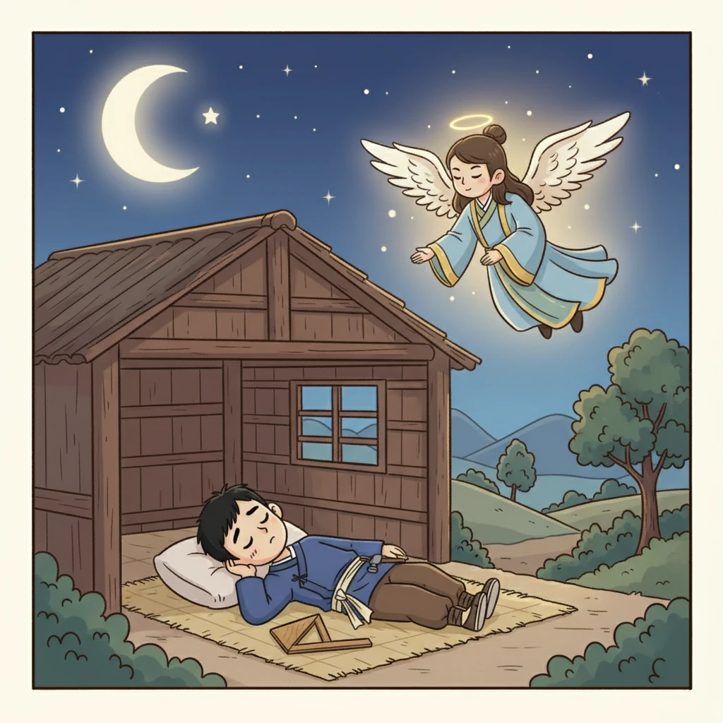 在宁静的夜空下，约瑟在梦中被一位天使拜访。天使告诉他，马利亚将怀上圣灵的孕育，并要为孩子起名为耶稣。约瑟感到困惑，但内心深处涌动着对未来的期盼。