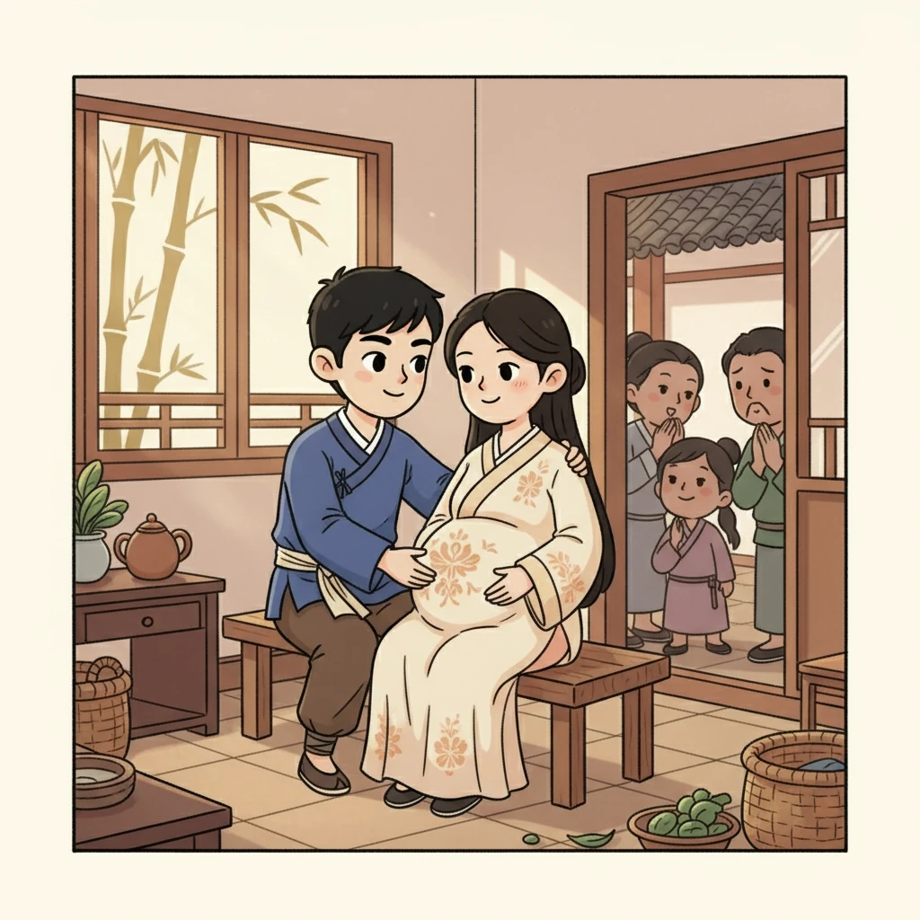马利亚怀了孕，身怀六甲。约瑟悉心照顾着她，他们的住所弥漫着温馨和爱意。周围的人们开始议论纷纷，约瑟的心中充满了保护妻子的决心，守护着即将出生的孩子。