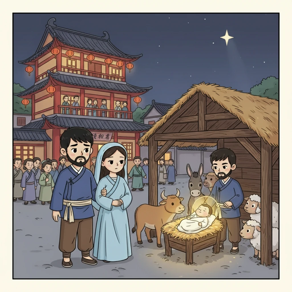 抵达伯利恒时，旅馆已经住满了人。约瑟四处寻找可以安顿的地方，最终只能在马厩里为马利亚找到一个栖身之所。在简陋的环境中，耶稣诞生了，周围闪耀着圣洁的光芒。