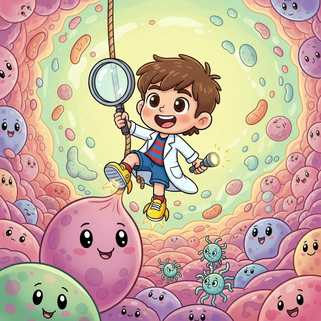 Uma história vibrante e cheia de descobertas sobre o pequeno Dr. Bolinha e sua missão de encontrar o H. Pylori, transformando uma investigação em uma jornada de amizade e aprendizado. Prepare-se para mergulhar em um mundo colorido e borbulhante, onde cada célula do estômago tem uma história para contar. Uma aventura cativante que ensina sobre harmonia e saúde de forma divertida!