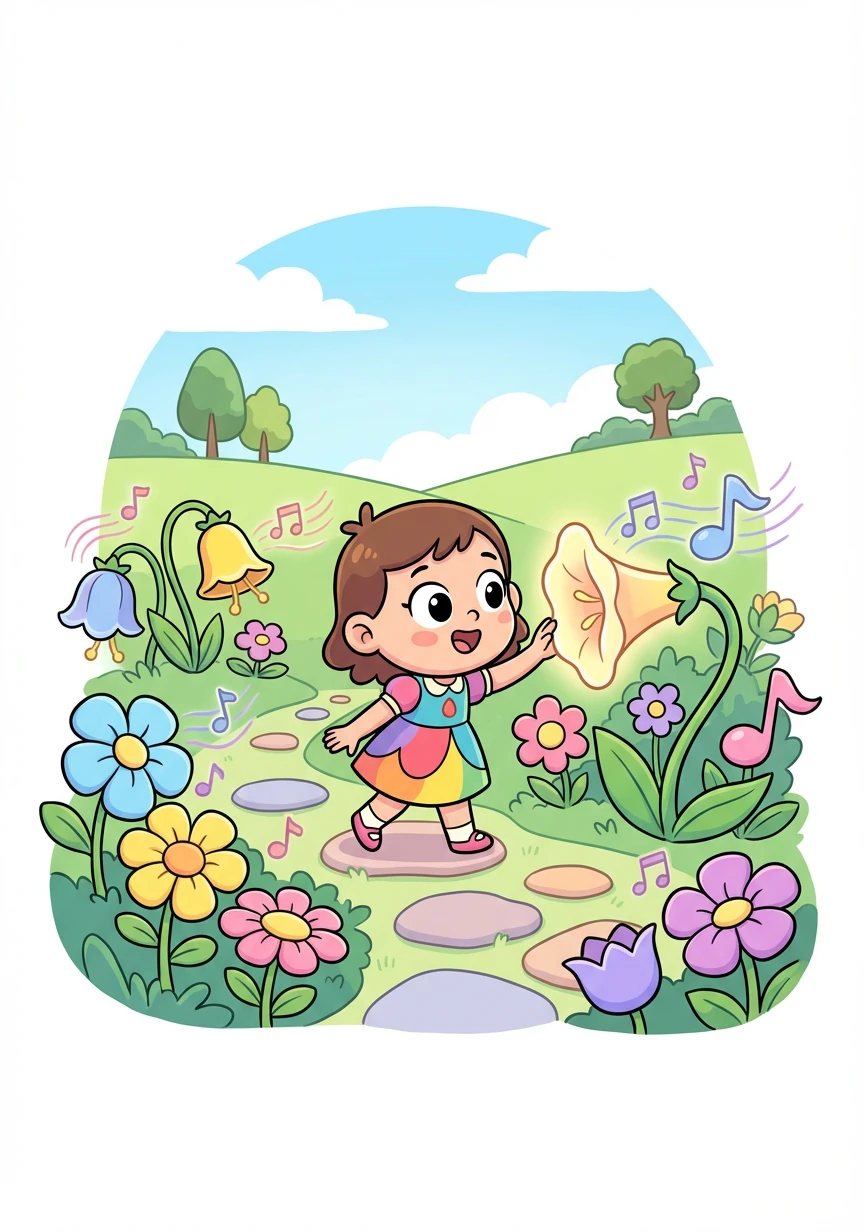 The gate leads to a lush garden filled with flowers of every color imaginable. As Flora walks deeper, she notices that each flower emits a unique sound, a melody that seems to dance in the air.