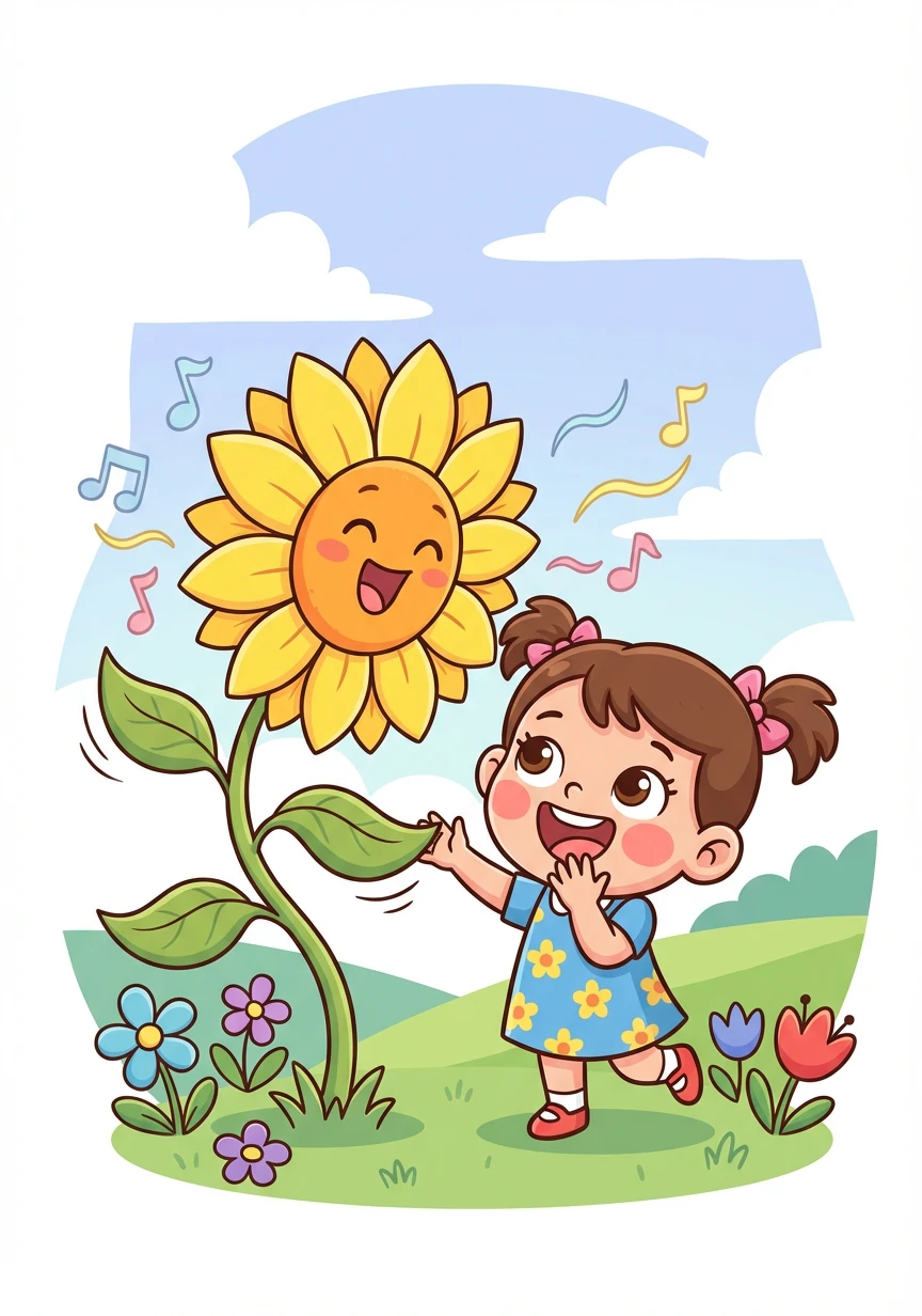 A cheerful yellow sunflower bursts into a joyful song. Flora giggles as she learns about happiness and the importance of sharing it with others.