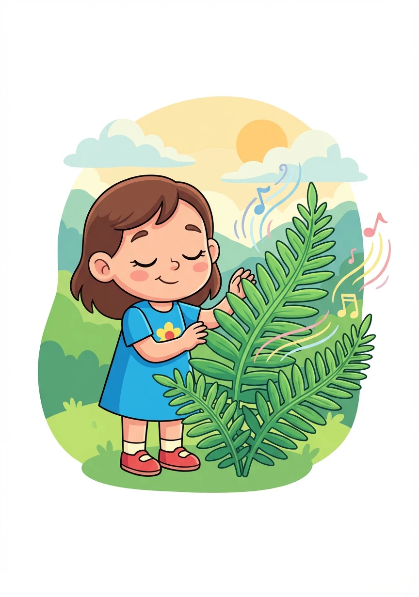 A vibrant green fern plays a peaceful, soothing tune. Flora closes her eyes, feeling a sense of calm and understanding the meaning of tranquility.